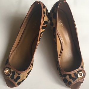 Coach peep toe ponyhair leopard wedge size 10